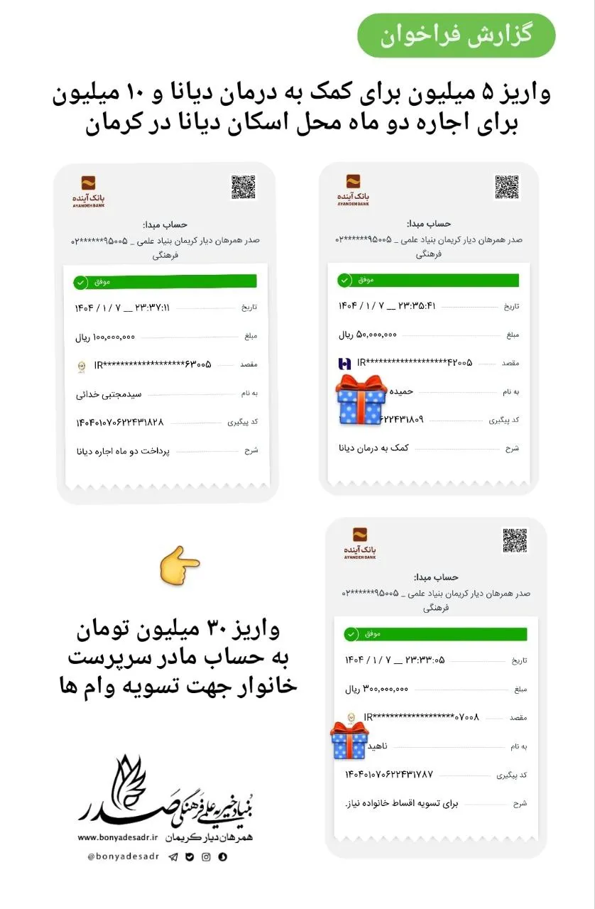 گزارش واریز محبت خیرین